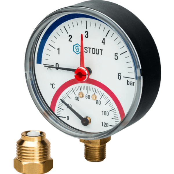 Термоманометр давления радиальный STOUT 1/2" Dn 80 мм от 0 до 6 бар от 0 до 120 градусов