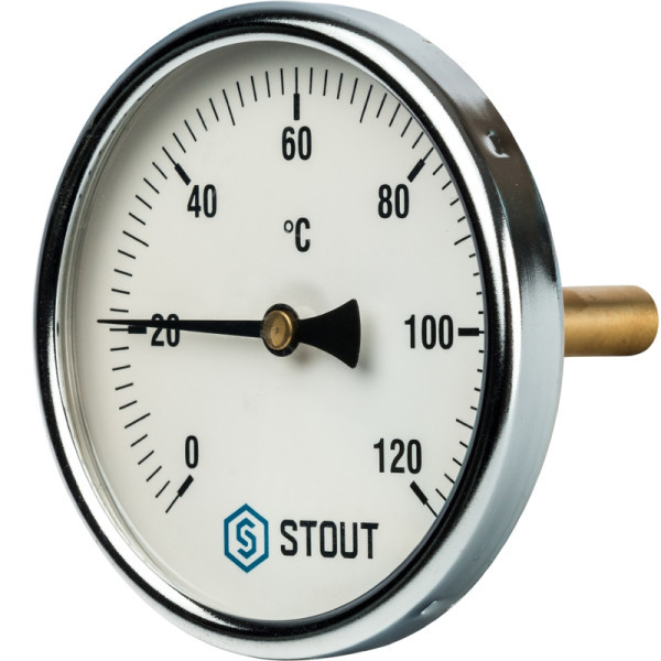 Термометр биметаллический с погружной гильзой Dn 100 мм гильза 75 мм 1/2" от 0 до 120 градусов STOUT