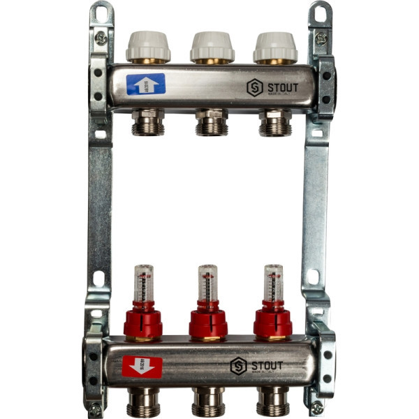 Коллекторная группа 3 выхода с расходомерами из нержавеющей стали STOUT