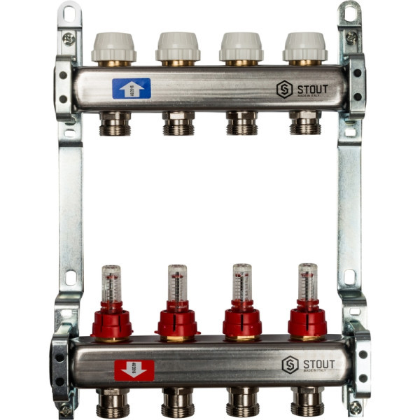 Коллекторная группа 4 выхода с расходомерами из нержавеющей стали STOUT