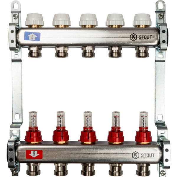Коллекторная группа 5 выходов с расходомерами из нержавеющей стали STOUT