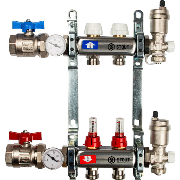 Коллекторная группа 2 выхода с расходомерами из нержавеющей стали STOUT в сборе