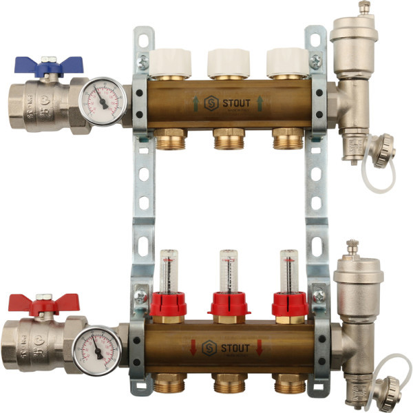 Коллекторная группа 3 выхода с расходомерами латунная STOUT в сборе