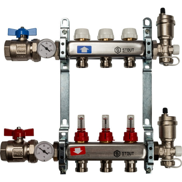Коллекторная группа 3 выхода с расходомерами из нержавеющей стали STOUT в сборе