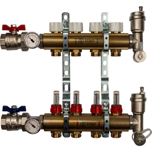 Коллекторная группа 4 выхода с расходомерами латунная STOUT в сборе