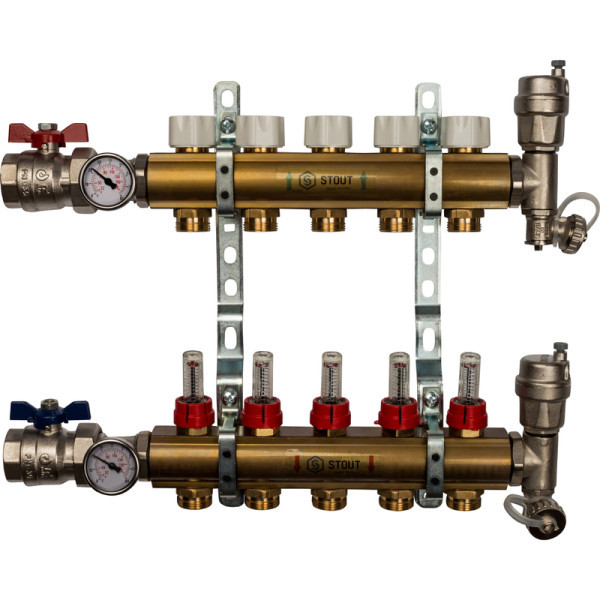 Коллекторная группа 5 выходов с расходомерами латунная STOUT в сборе