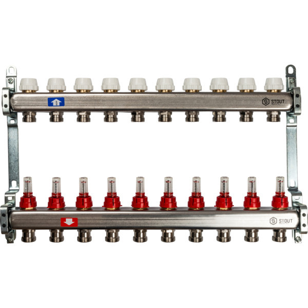 Коллекторная группа 10 выходов с расходомерами из нержавеющей стали STOUT