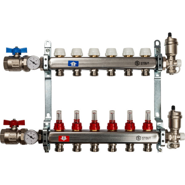 Коллекторная группа 6 выходов с расходомерами из нержавеющей стали STOUT в сборе