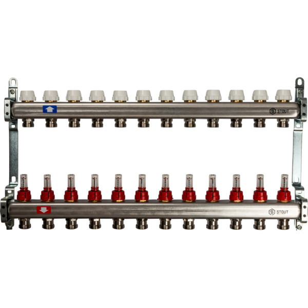 Коллекторная группа 12 выходов с расходомерами из нержавеющей стали STOUT