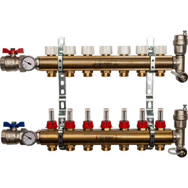 Коллекторная группа 7 выходов с расходомерами латунная STOUT в сборе