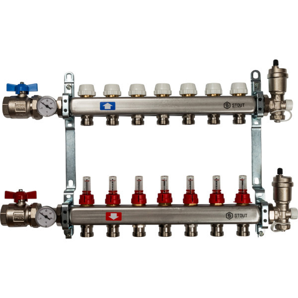 Коллекторная группа 7 выходов с расходомерами из нержавеющей стали STOUT в сборе