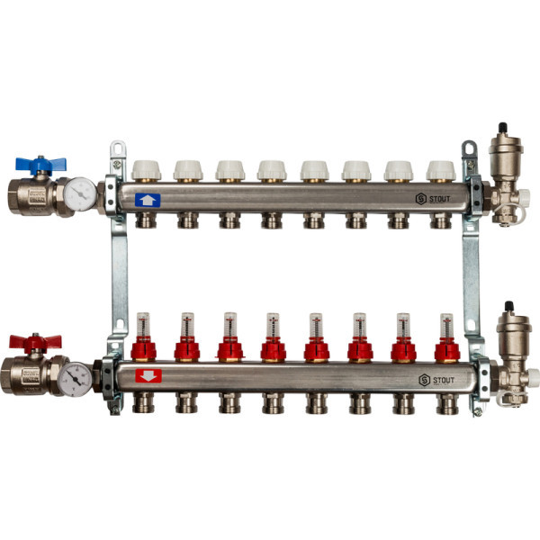 Коллекторная группа 8 выходов с расходомерами из нержавеющей стали STOUT в сборе