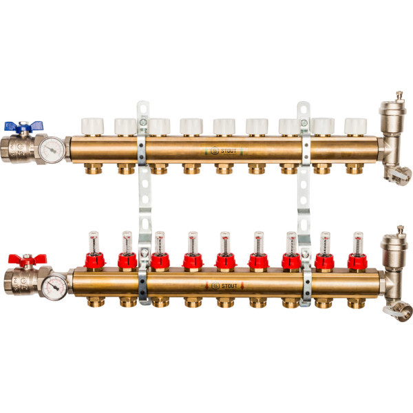 Коллекторная группа 9 выходов с расходомерами латунная STOUT в сборе