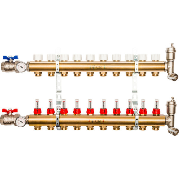 Коллекторная группа 10 выходов с расходомерами латунная STOUT в сборе