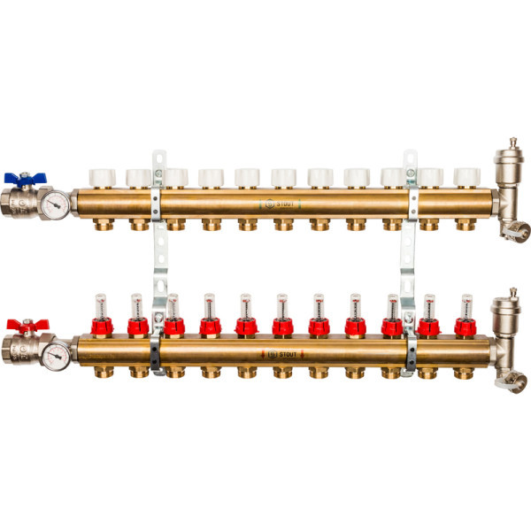 Коллекторная группа 11 выходов с расходомерами латунная STOUT в сборе