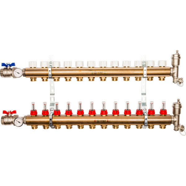 Коллекторная группа 12 выходов с расходомерами латунная STOUT в сборе