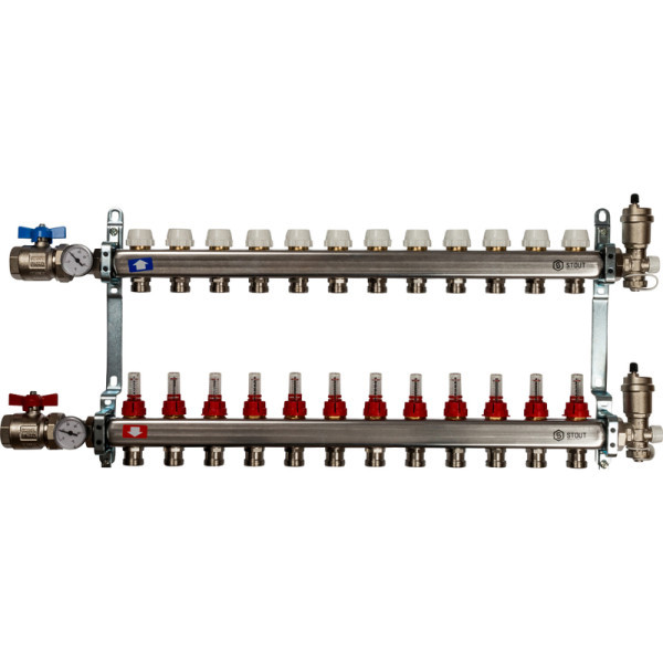 Коллекторная группа 12 выходов с расходомерами из нержавеющей стали STOUT в сборе