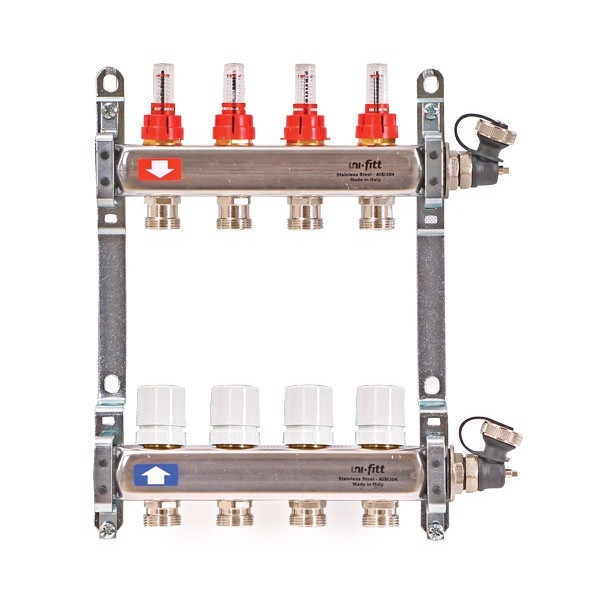 Коллекторная группа 7 выходов с расходомерами из нержавеющей стали и термостатическими вентилями Uni-Fitt